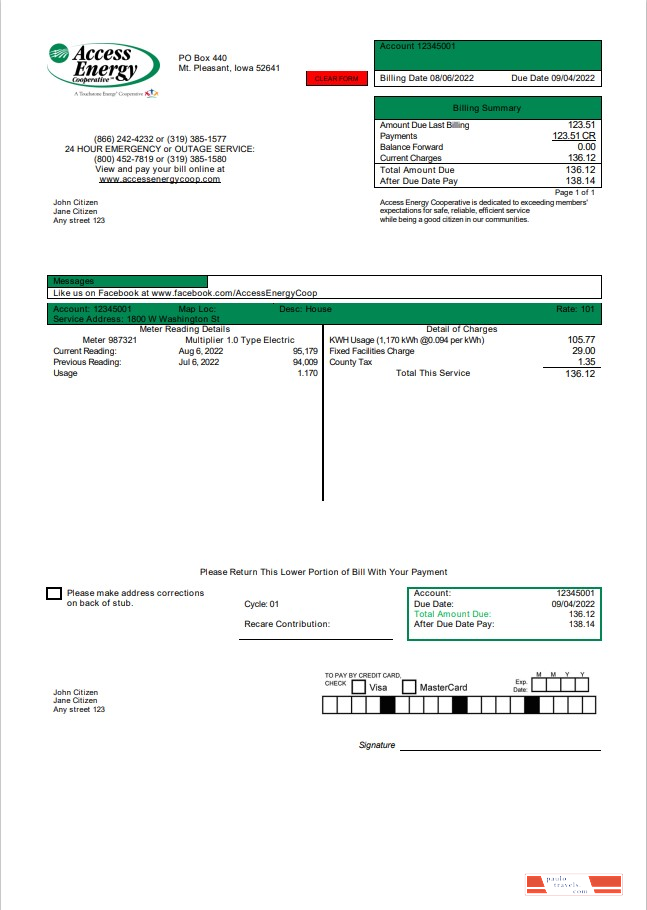 USA Iowa Access Energy Cooperative utility bill template in Word and PDF format